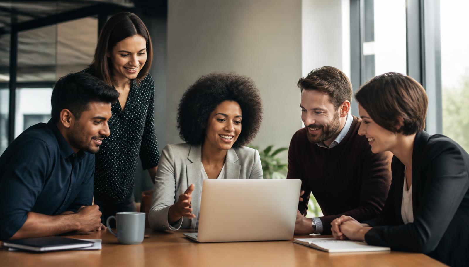 Synergi team members collaborating at a laptop while a colleague takes a support call